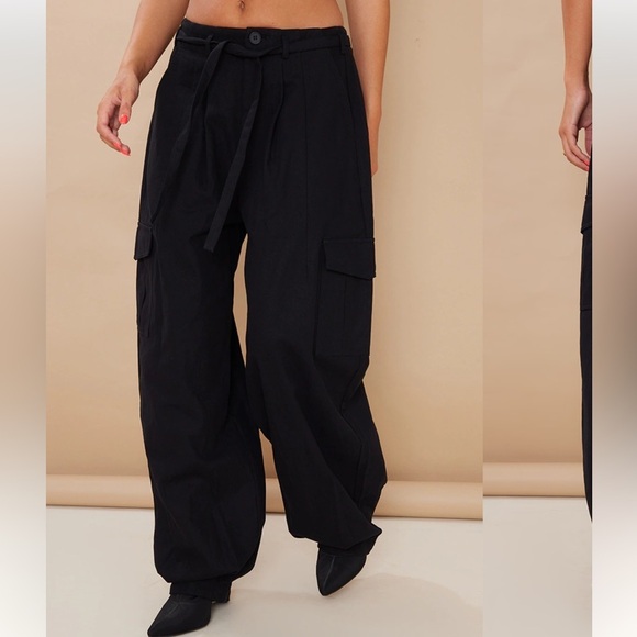 Pretty Little Thing Black Baggy Low Rise 90's Cargo‎ Trouser Pants US 2 Office - Picture 1 of 15